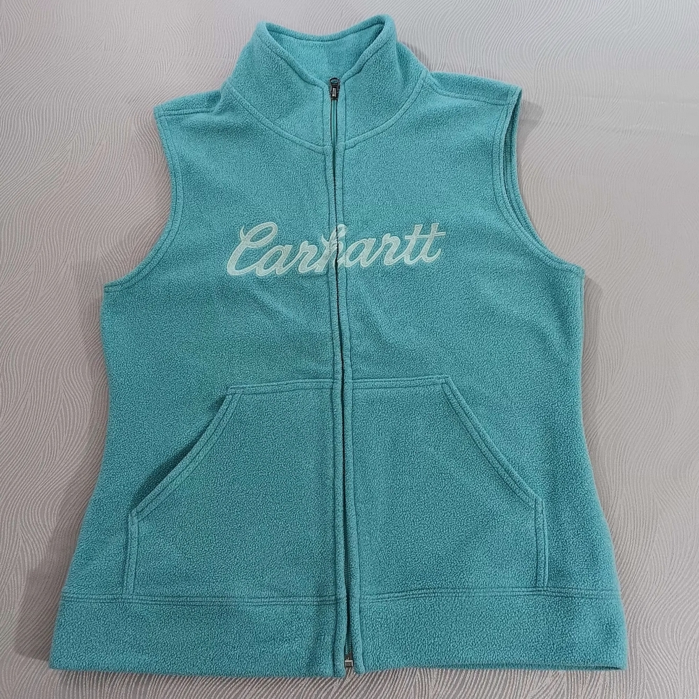 Carhartt Fleece Vest Women's Small Full Zip Embroidered Soft Textire Light Blue
